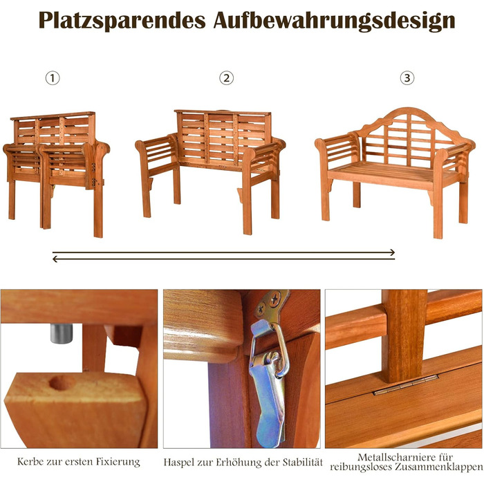Садова лавка COSTWAY складна, стійка до погодних умов дерев'яна лавка з евкаліпта, 2-місна балконна лава, лавка вантажопідйомністю до 360 кг, паркова лавка для саду, балкона, тераси