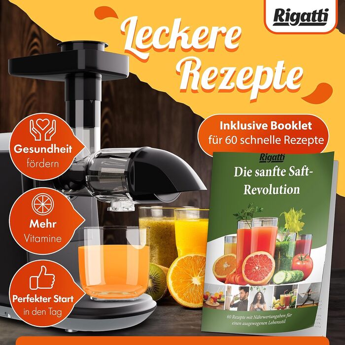 Рігатті Повільна соковижималка Соковижималка для овочів та фруктів Безпечний для поживних речовин і тихий з функцією реверсу, пензлем і книгою електронних рецептів Легко чистити Холодна соковижималка Електрична соковижималка Машина для соку 150 Вт