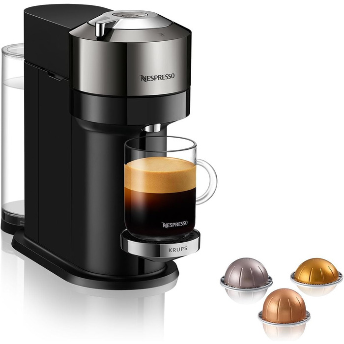 Кавова капсульна машина Nespresso Krups XN910C Vertuo Next Резервуар для води 1,1 л Розпізнавання капсул за штрих-кодом 6 розмірів чашок Функція вимкнення живлення 54 переробленого пластику Темний хром