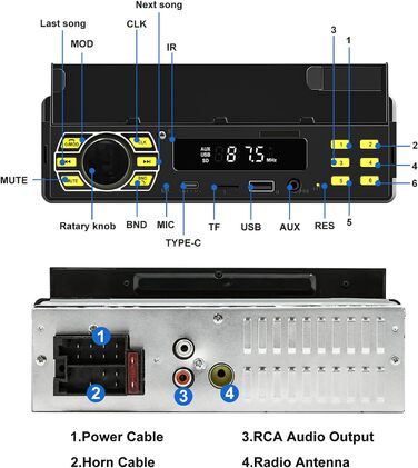 З Bluetooth, MP3-плеєр з FM-радіо, підтримка автомобільної стереосистеми 1 Din BT Hands-free/еквалайзер/керування на кермі/USB/зарядка/TF/AUX-вхід, цифровий медіа-ресивер (з тримачем телефону), 1 Din