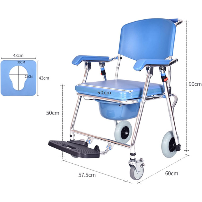 Туалетний інвалідний візок UHJKLA, регульоване по висоті туалетне крісло для душу зі знімною подушкою, мобільне приліжкове крісло для людей похилого віку та інвалідів