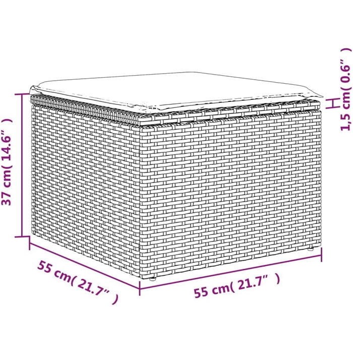 Табурет садовий з подушкою чорний 55x55x37 см Poly Rattan,365966