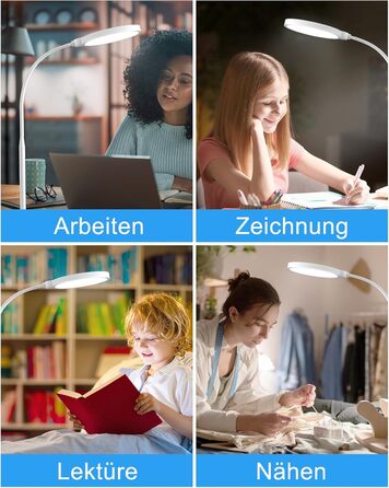 Настільна лампа Світлодіодна настільна лампа з регулюванням яскравості 3 кольори та 10 рівнів яскравості Настільна затискна дитяча, гнучка лампа для читання для дому, офісу, читання, приліжкової лампи USB-порт, регульований, білий