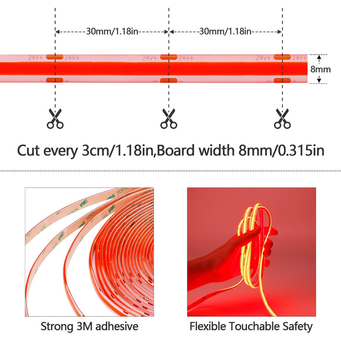 Світлодіодна стрічка GOMING 24 В COB 3000K 5M водонепроникна світлодіодна стрічка IP65 480 світлодіодів / м Без світлових плям CRI 93 Світлодіодна стрічка високої яскравості 4300 лм для прикраси домашньої кухні (тільки стрічка) (червона, 10 метрів)