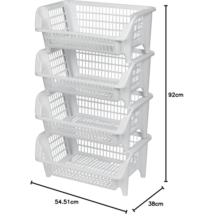 Полиця, що складається з чотирьох пластикових кошиків, що штабелюються, білого кольору. Можна штабелювати та вкладати. За необхідності можна подовжити. Розміри ШхДхВ 54,5 х 38 х 92 см