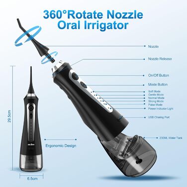 Іригатор порожнини рота Sejoy електричний, Іригатор порожнини рота стоматологічний, Чищення зубів для чищення зубів, 8 змінних насадок 5 режимів, IPX7 водонепроникний 230 мл, USB акумуляторний, Водяна нитка для подорожей чорний без основи
