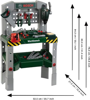 Верстак Theo Klein 8637 Bosch 48 предметівНожки, що регулюються по висоті,Робоча поверхня з багатьма функціямиВкл. молоток, пилку, гайковий ключРозміри 52,5 см х 27 см х 84 смОдна іграшка для дітей віком від 3 років і старше
