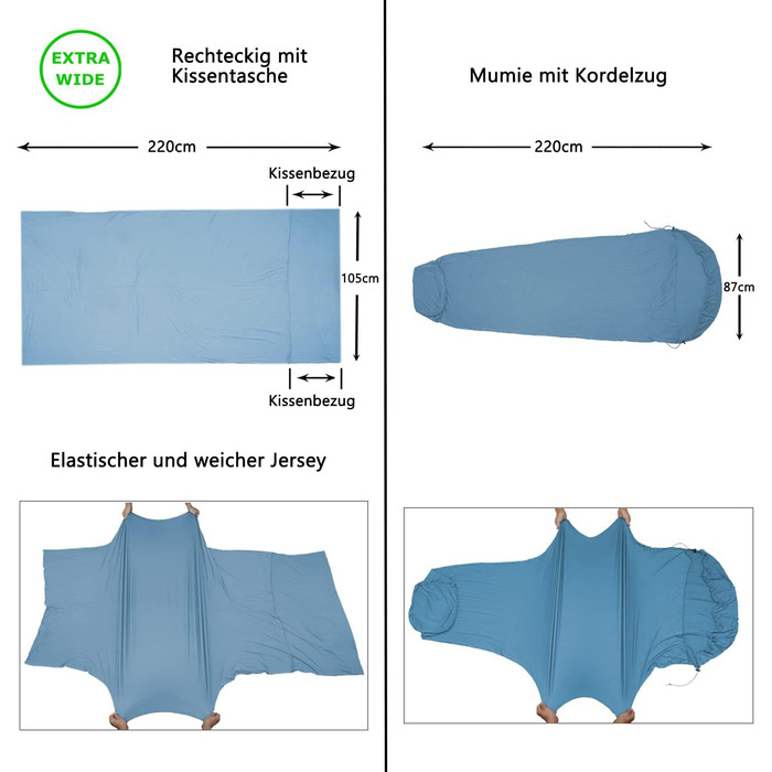 Бамбукове простирадло для подорожей, еластичний спальний мішок з трикотажу для готелів, внутрішній спальний мішок для подорожей і кемпінгу, прямокутний з кишенею для подушки дихаючий внутрішній спальний мішок мумія з капюшоном