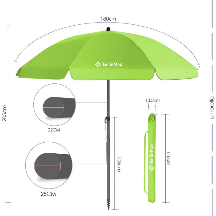 Плаяжна парасолька BelleMax 160 см пляжна вітрозахисна із захисним чохлом із захистом від сонця UV50 яблучно-зелений