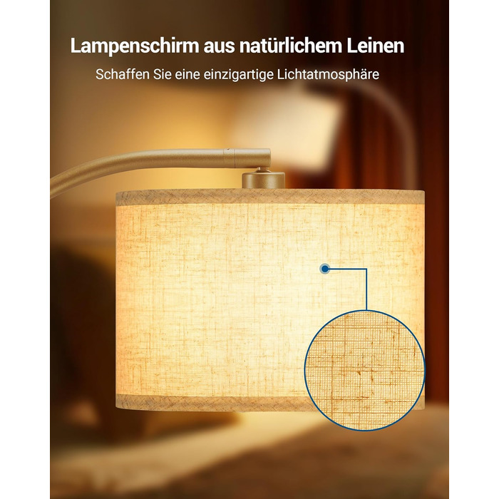 Торшер EDISHINE Вітальня, Дуговий світильник 161 см з регульованим бежевим лляним абажуром, Цоколь E27, Лампа для читання Спальня, Торшер Сучасний для дитячої кімнати, золото