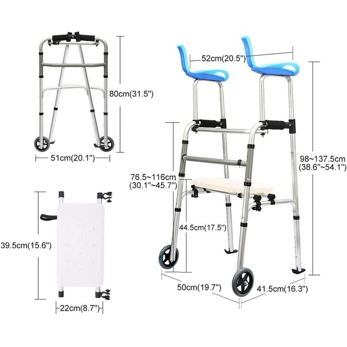 Легкі, складні ходунки для людей похилого віку, з сидінням, колесами та підтримкою під пахвами, регулюються по висоті, допомога при переходах, вантажопідйомність 180 кг