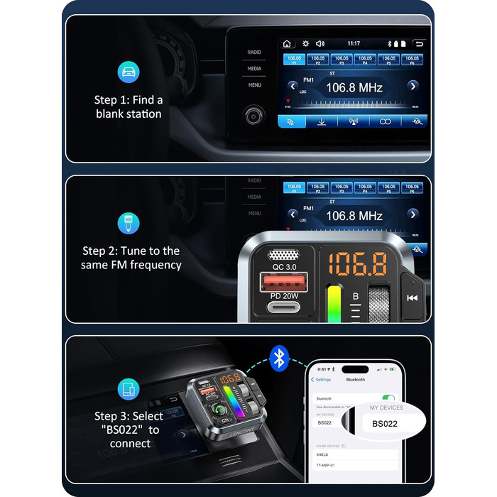Автомобільний FM-передавач LENCENT Bluetooth 5.3, адаптер тону високих і низьких частот, радіоадаптер з PD 20 Вт і QC 3.0, гучний зв'язок, Siri Google Assistant