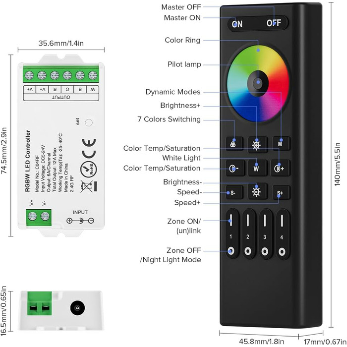 Пульт дистанційного керування RC02RFB&C02RF Комплект контролера 4-зонний радіочастотний 2.4 ГГц бездротовий пульт дистанційного керування Груповий контроль для 3-контактної світлодіодної стрічки CCT (V, CW) DC5V, DC12V, DC24V (для RGBW, пульта дистанційно