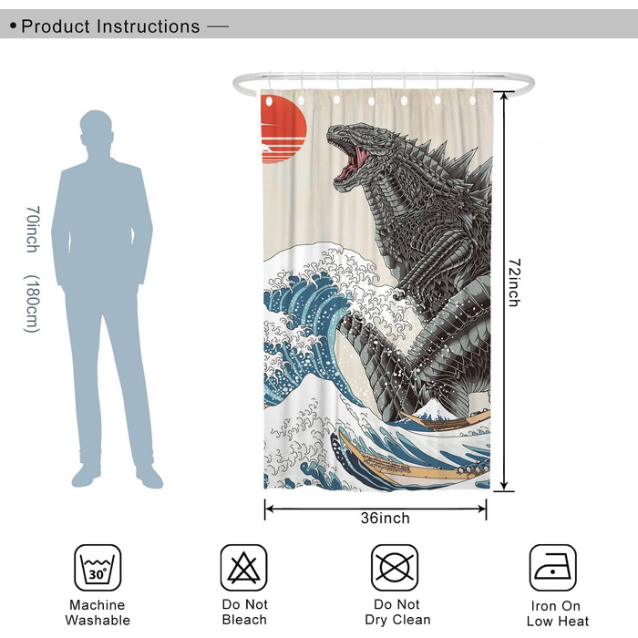 Шторки для ванної кімнати, маленькі, прикольні, аніме-монстр, динозавр, шторка для душу, прикольні, азіатські, японські, вузькі, стоячі, поліефірна тканина, 91,4x182,9 см Різні кольори H182,9 x W91,4 см (упаковка )