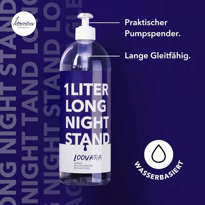 Лубрикант Loovara Sensitive 1000 мл, Aloe Vera -Long Night Stand - XXL флакон підходить для презервативів, для чутливої шкіри, оптимізований для pH, дерматологічно протестований, натуральні інгредієнти, на водній основі