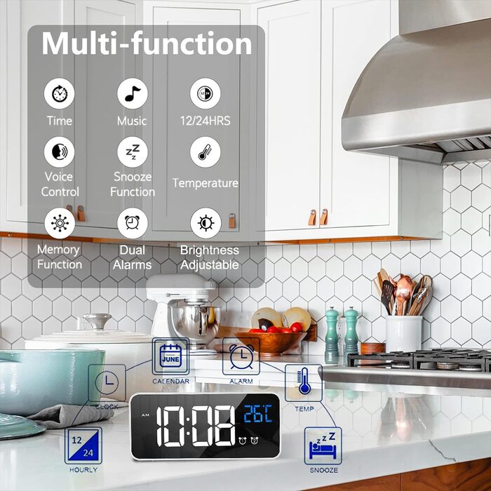 Цифровий будильник LATEC з великим світлодіодним дисплеєм температури, настільний годинник з 10 музикою, USB-порт для зарядки, 4 регульовані яскравість і гучність, Snooze, портативний дзеркальний будильник з 2 будильниками, 12/24HR (білий)