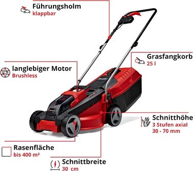 Бездротова газонокосарка Einhell City GE-CM 18/30 Li Kit Power X-Change (18 В, ширина скошування 30 см, до 150 м, безщіткова, травозбірник 25 л, висота скошування 30-70 мм, в т.ч. акумулятор 3,0 Ач зарядний пристрій) в т.ч. акумулятор і зарядний пристрій