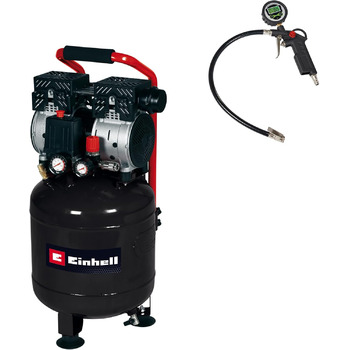 Компресор Einhell TE-AC 24 Silent (тихий компресор, 750 Вт, макс. 8 бар, двигун без масла та обслуговування, бак 24 л, манометр і швидкороз'ємне з'єднання, запобіжний клапан, включаючи цифровий накачувач шин) з датчиком накачування шин