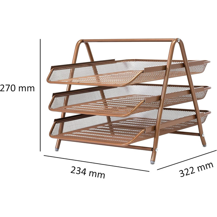 Лоток для листів OSCO з дротяної сітки з ТРЬОМА рівнями, для документів, замовлення формату A4, органайзер для паперу, папка для файлів на столі, легка збірка, 26,5 x 27,8 x 35,5 см (В x Ш x Г), рожеве золото, рожеве золото