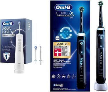 Бездротовий іригатор для порожнини рота Oral-B AquaCare 6, 3 змінні насадки, біла/сіра та електрична зубна щітка Genius X, 6 режимів чищення для догляду за зубами, додаток зі штучним інтелектом і Bluetooth, чорний