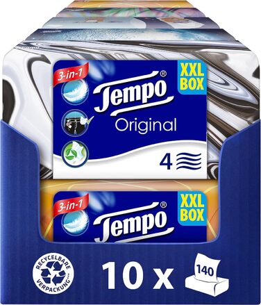 Коробка носових хустинок Tempo XXL - Value Pack - 10 коробок, 140 серветок в коробці - надзвичайно міцні, м'які паперові хустинки, можна прати в пральній машині