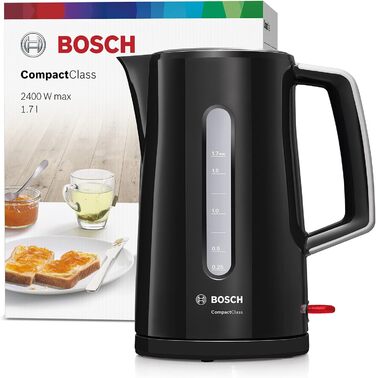 Акумуляторний чайник Bosch CompactClass TWK3A013, швидкий нагрів, індикатор рівня води з обох сторін, захист від перегріву, 1.7 л, 2400 Вт, чорний