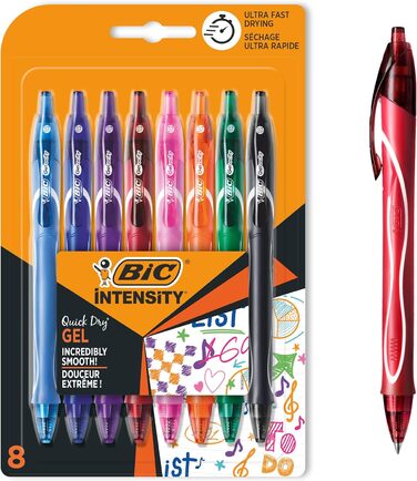 Ручка для роликів BIC Gel-ocity Quick Dry, гелеві ручки 8 різних кольорів, середня ширина лінії, з прогумованою поверхнею рукоятки