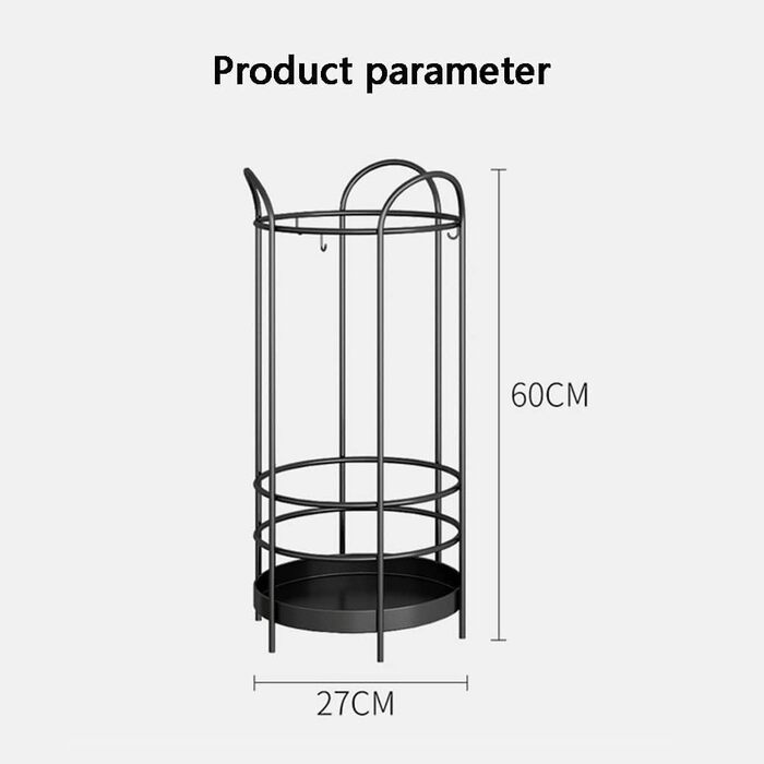 Контейнер для тримача парасольки QGENMINERA, сучасна металева підставка для парасольки, круглий тримач для парасольки з піддоном для крапель і гачком для передпокою, парасольки, тростини, тримач для тростин чорний 27*60см