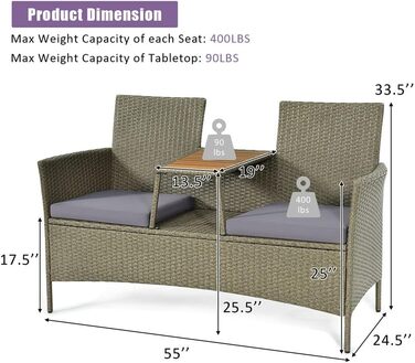 Набір меблів для розмови з ротангом ZYMEN на 2 особи, кавовий столик Loveseat, набір для розмов у патіо День пам'яті