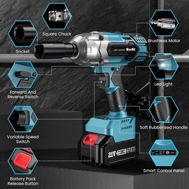 Акумуляторний ударний гайковерт Seesii 650 Нм (479 футів-фунтів) Високий крутний момент, 3300 об/хв, безщітковий двигун, з літієвою батареєю 2x4.0 Ач, підходить для сімейних автомобілів, 6 розеток, 9 свердел, 6 гвинтів