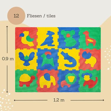 Килимок-головоломка Hakuna Mat для немовлят 1,2x0,9 м Дитячий ігровий килимок містить 12 плиток з тваринами на 20 товстіший килимок для повзання в упаковці, що підлягає переробці Пінопластовий килимок без забруднюючих речовин і запаху (Тварини, 1,2 x 0,9 
