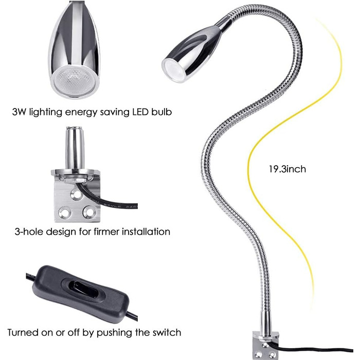 Світлодіодна лампа для читання FIFILARY, 2 приліжкові світильники, настінні світильники, освітлення столу, книжкової полиці та дисплея 200 лм / 3000K / 3 Вт / 110-240 В змінного струму, кут променя 30, довжина лебединої шиї 48 см (сріблястий)