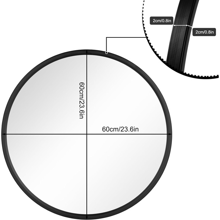 Дзеркало кругле з рамою, кругле настінне дзеркало 40 см, сучасне підвісне дзеркало для ванної кімнати, спальні, вітальні, передпокою, декоративне скло, дзеркало для макіяжу, металевий МДФ (60x60см, чорний)