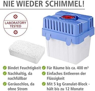 Осушувач повітря WENKO 24 x 16 x 15 см з гранульованим блоком 5 кг, вміщує до 1,4 літра вологи багаторазовий, зменшує цвіль і запахи, білий