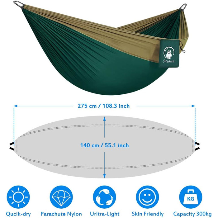 Гамак Nasharia Outdoor, 2 особи Відкритий гамак 300 кг Вантажопідйомність 275 * 140 см, Туристичний гамак Ультралегкий дихаючий гамак Нейлоновий парашут для кемпінгу на відкритому повітрі, саду та пляжу Темно-зелений