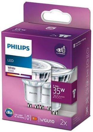 Лампи Philips LED Classic GU10 Warm Glow (50 Вт), рефлекторні світлодіодні плями з регулюванням яскравості та теплим білим світлом, енергозберігаючі лампи з тривалим терміном служби (35 Вт, 2 шт. и (1 упаковка), не затемнюються)