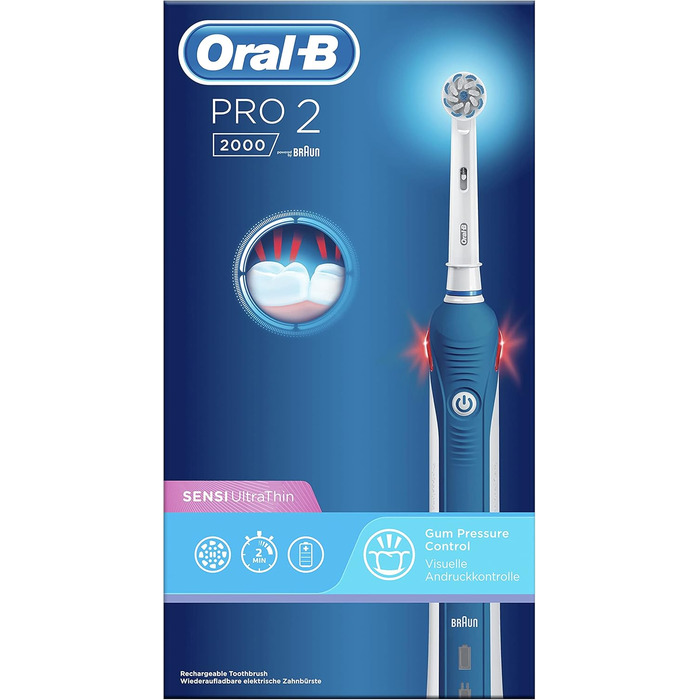 Електрична зубна щітка Oral-B PRO 2 2000 з візуальним контролем тиску для додаткового захисту ясен, 2 програми очищення, включаючи чутливу, таймер, 1 насадка для щітки Sensitive Clean, синя