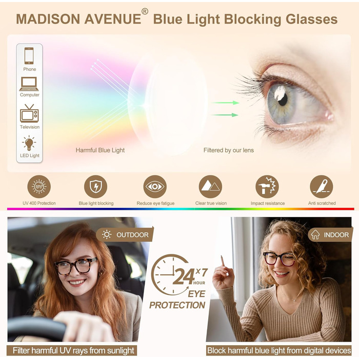 Окуляри Madison Avenue Blue Light Filter Glasses Women, окуляри великого розміру для компютера для ігор, металеві петлі Blue Filter Glasses Non-Rescription Tortoise