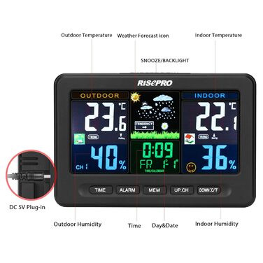 Бездротова метеостанція RISEPRO з дистанційним датчиком зовнішньої температури та вологості Будильник Календар Прогноз погоди Кольоровий РК-дисплей Чорний