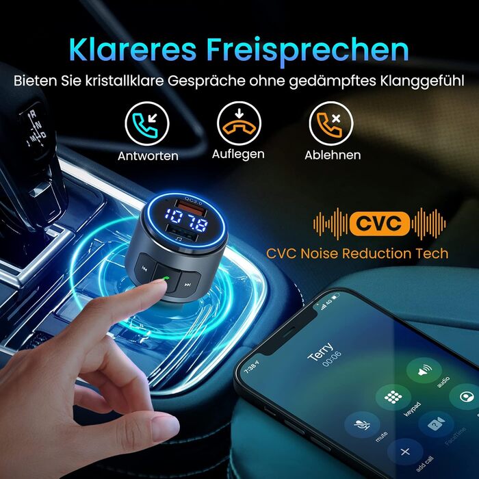 Оновлений FM-передавач Bluetooth V5.0 для автомобіля, QC3.0 і світлодіодне підсвічування, бездротовий FM-радіоадаптер Bluetooth, музичний плеєр/автомобільний комплект з функцією гучного зв'язку, Siri Google Assistant Black