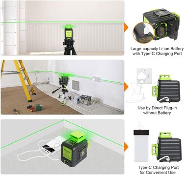 Лазерний нівелір Huepar 2 x 360 перехресних ліній Зелений самовирівнюючий лазерний рівень, дві лазерні лінії 360, літій-іонний акумулятор з портом для зарядки типу C, жорсткий кейс у комплекті - B02CG Green