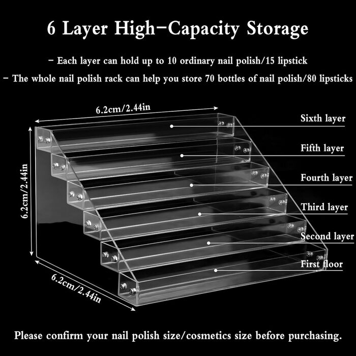 Тримач для органайзера для акрилового лаку для нігтів, 6-шарова підставка для лаку для нігтів, полиця для органайзера для лаку для нігтів до 70 стандартних флаконів, акриловий тримач для лаку для ефірних олій парфумів (21,5*26,5*31см)