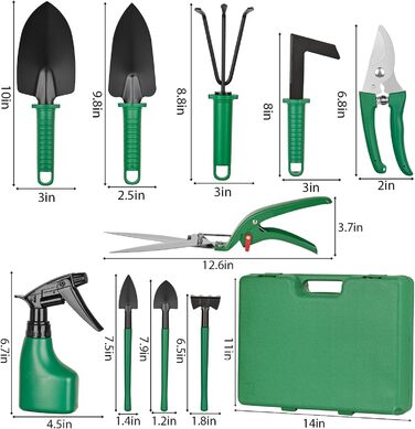 Набір садового інструменту DUOJIN, набір садового інструменту для квітника з 10 частин, подарунковий набір садового ручного інструменту, садові подарунки для жінок та чоловіків, з секатором та ящиком для зберігання, садові аксесуари