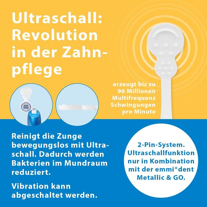 Язичкова насадка I Ультразвуковий очищувач язика, оптимізований для emmi-dent Ультразвукові зубні щітки серії Metallic, Go & Professional I зменшують неприємний запах з рота та бактерії на язиці серії Metallic, Go & Professional