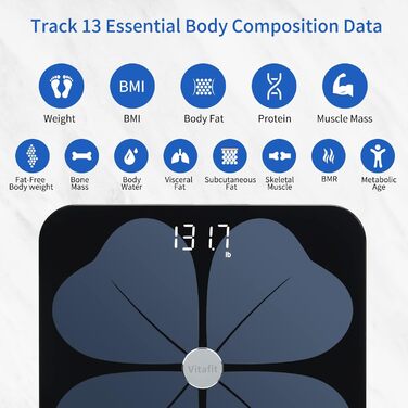 Цифрові ваги для ванної кімнати Vitafit 250 кг з вагою та ІМТ, розумні ваги для тіла із синхронізацією додатків для смартфона через Bluetooth, загартоване скло 8 мм із надширокою платформою, (шкала жиру в організмі)