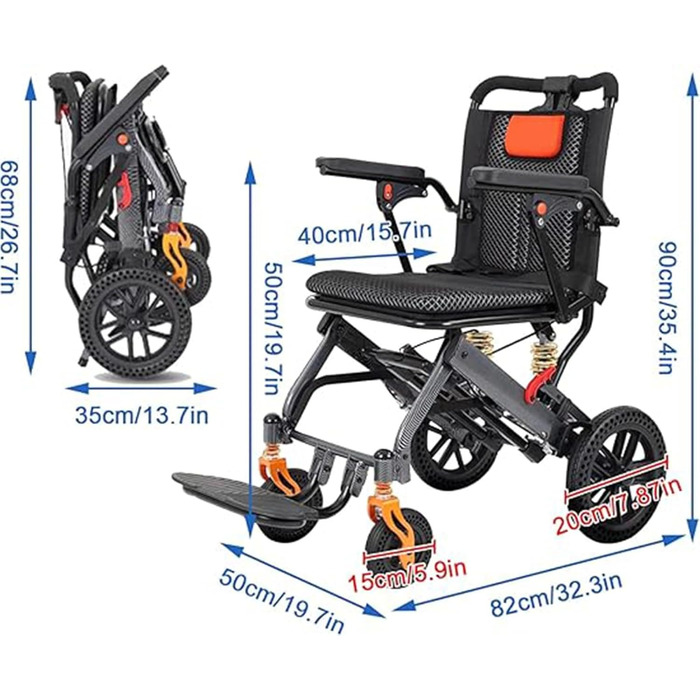 Портативні всюдихідні легкі інвалідні візки, складні інвалідні візки для дорослих з ручним гальмом, вантажопідйомність 220 фунтів, для легкого подорожування інвалідне крісло для людей похилого віку A
