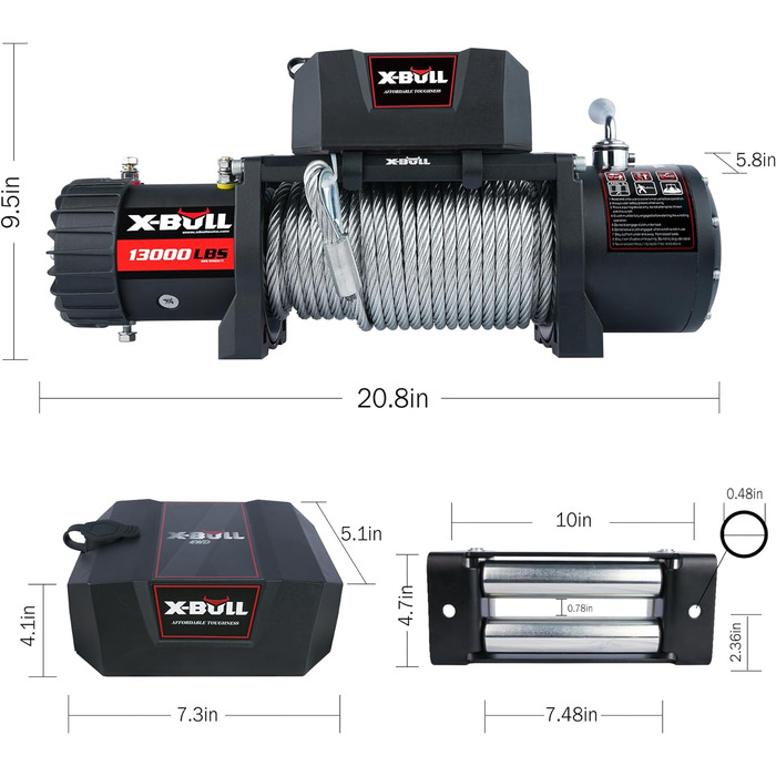 Електрична лебідка X-BULL для квадроциклів - тягове зусилля 13000 фунтів (5897 кг) - Електрична лебідка - Трос моторної лебідки - для плугів, UTV, квадроциклів, квадроциклів, позашляховиків - Сталевий канат - 53 x 16 x 27 см - 12 В, чорний Тип мотузки Ста