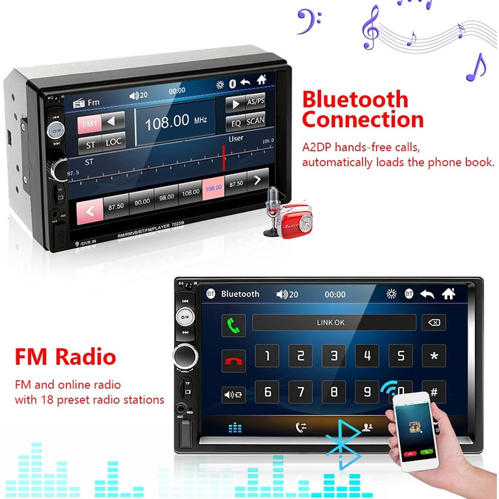 Автомобільна стереосистема Podofo Double Din з Bluetooth, 7-дюймовий сенсорний екран