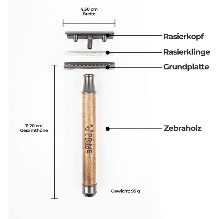 Безпечна бритва для чоловіків і жінок, включаючи 10 лез для бритви з ручкою з дерева зебри I Стійка бритва, бритва з листям, волога бритва для чоловіків Пістолет металева