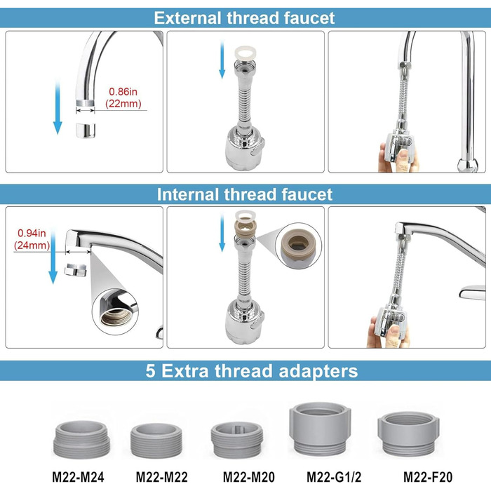 Гнучкий подовжувач для змішувача 25 см, насадка на змішувач 2 режими, насадка на змішувач обертається на 360 градусів, аератори для змішувачів, водозберігач на змішувач (25 см, 2 режими)